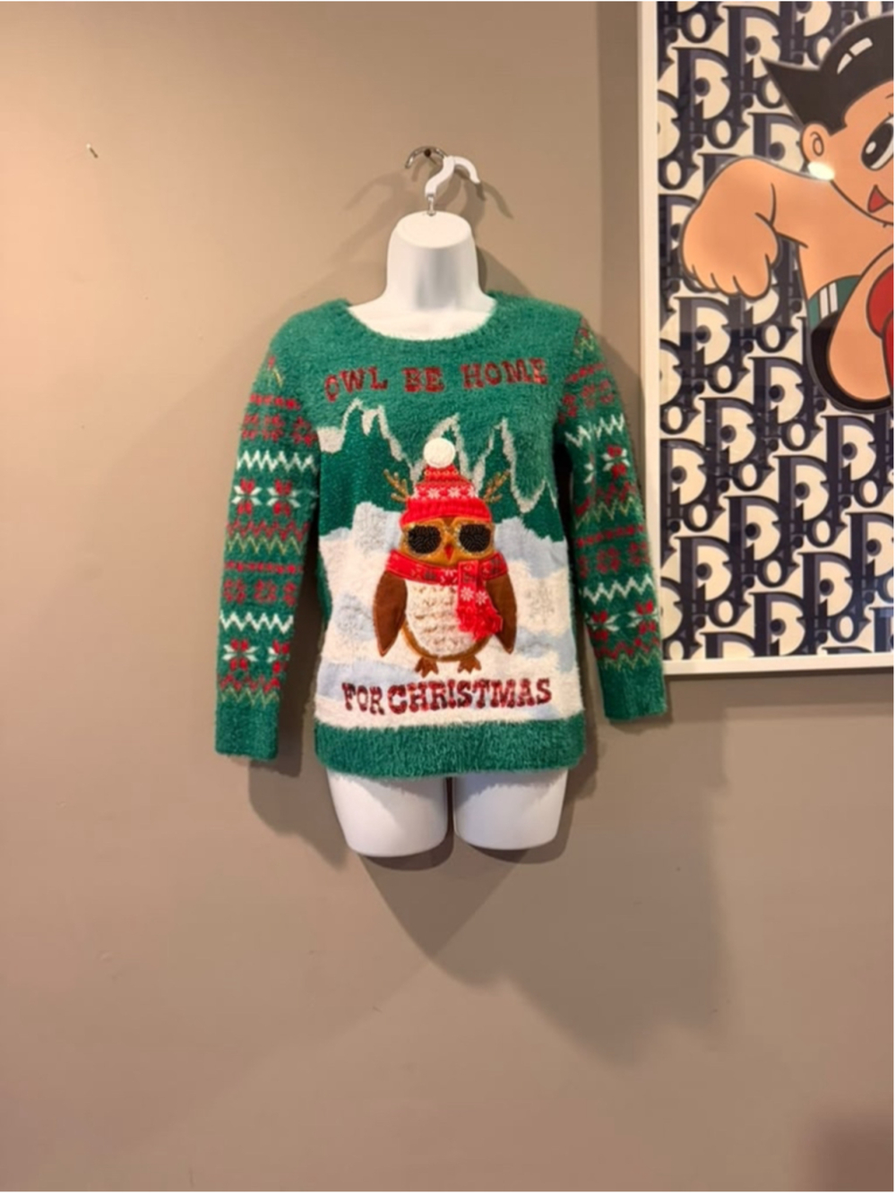 Holiday Time Girls L 10-12 Owl Christmas Ugly Sweater Green Sequin